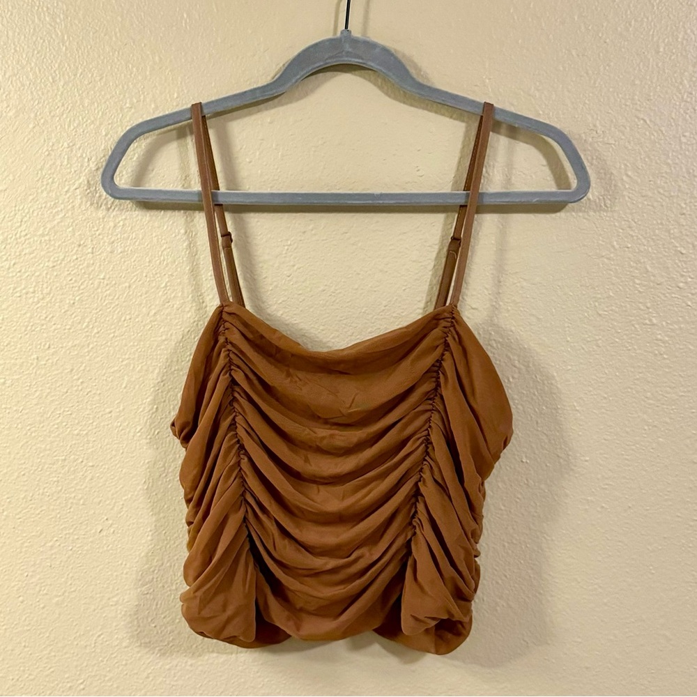 Brown ruched cropped spaghetti strap top